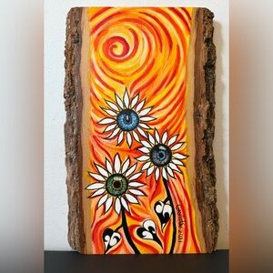 Original Abstract Eye Flower Art on Wood Slice | Surreal Wall Decor